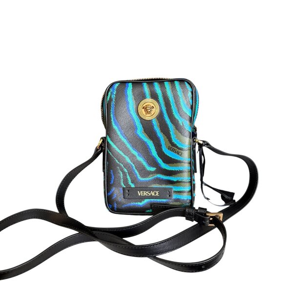 Versace Medusa Printed Calf Leather Tiger Blue/Black 100792 Phone case Bag - Picture 1 of 16